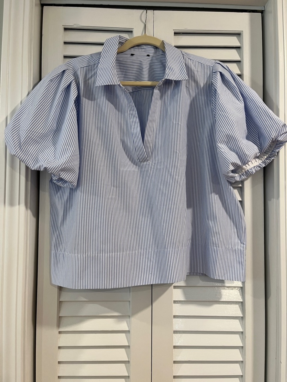 Striped Light Blue Puff-Sleeve Popover Blouse